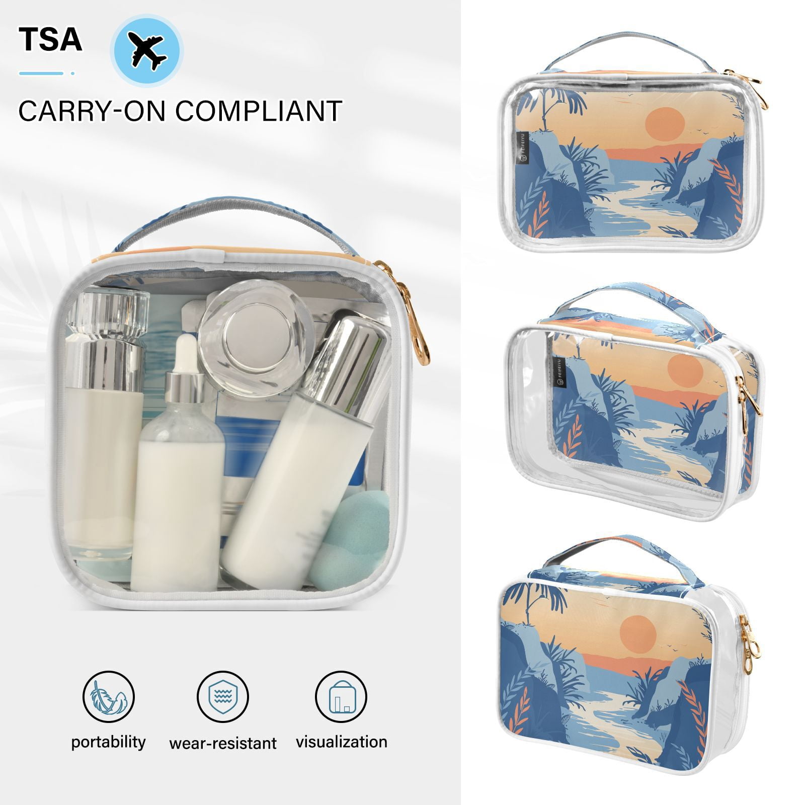 Clear Makeup Bags with Handle Large Opening 2 Pack Set Toiletry Bag Quart Size Bag, for Women Man Traveling Travel Essentials, Toiletries and Other. Hand Drawing River