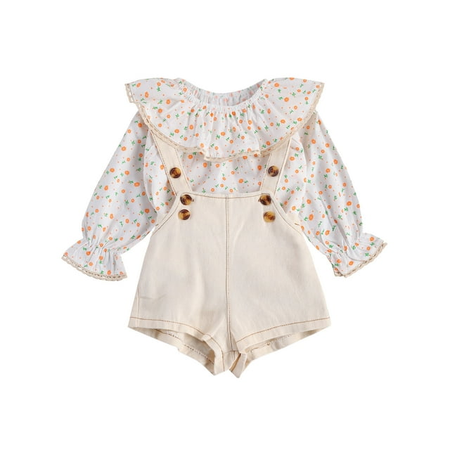 Xingqing Children's Two Piece Set Girl's Ruffled Sleeve Shirt Printing Solid Overalls