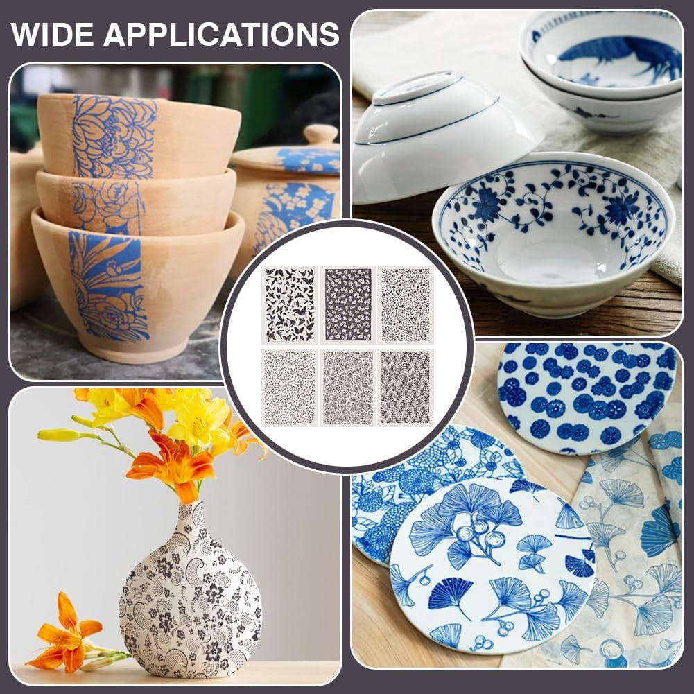 6 Styles Pottery Ceramics Clay Transfer Paper 21x15Inch Butterfly Flowers Pattern Underglaze Transfers Decals Ceramic Decals