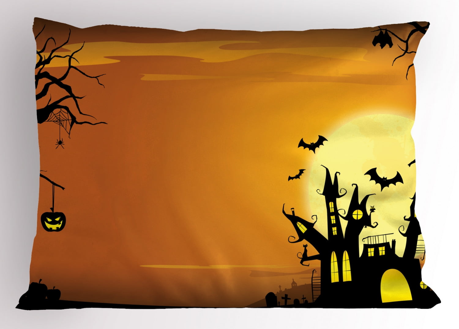 Halloween Pillow Sham Gothic Haunted House Bats Western Spooky Night Scene with Pumpkin Drawing Art, Decorative Standard King Size Printed Pillowcase, 36 X 20 Inches, Orange Black, by Ambesonne