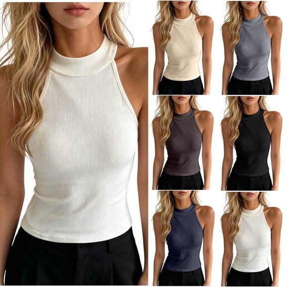 Women's Ribbed Knit Halter Tank Tops High Neck Sleeveless Slim Fit Cropped Camisole Casual Summer Basic Tops White