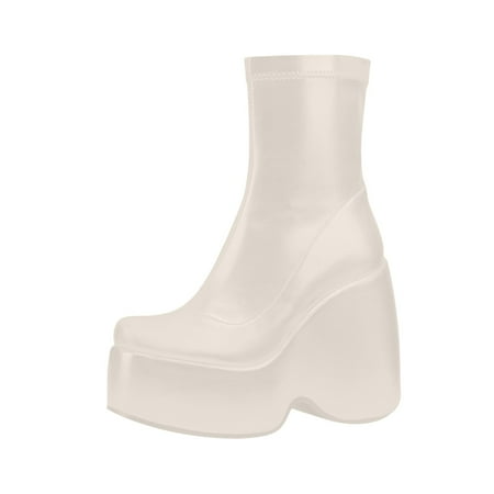 Lovskoo 2024 Platform Boots for Women Leather Stretch Round Toe Wedding Dress Shoes Fashion Vintage Mid-Heel High Knight Ankle Boots White