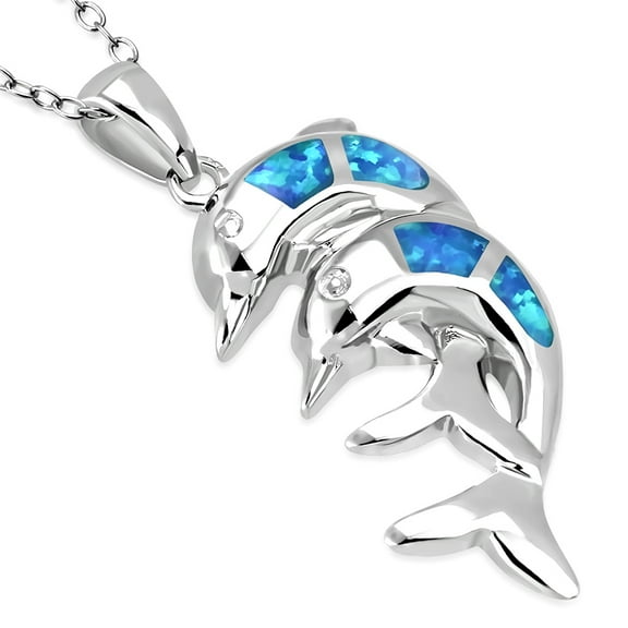 925 Sterling Silver Simulated Blue Opal Double Dolphin Charm Pendant Necklace, 18"