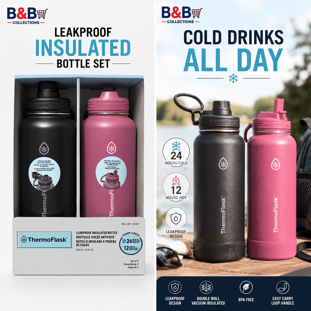 ThermoFlask Leakproof Insulated Stainless Steel Water Bottle Set, 32 oz Reusable Double Wall Vacuum Bottles with Straw & Chug Lids, 2 Pack