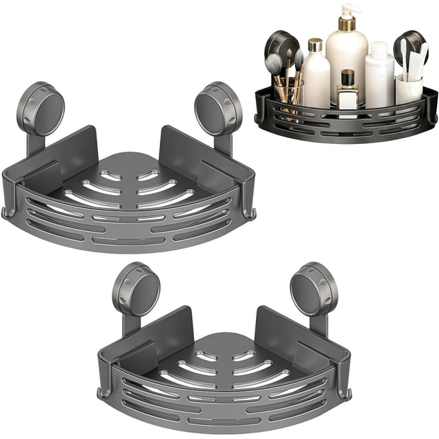 Triangle Suction Cup Shower Caddy, No-Drill Bathroom Corner Organizer with Hooks, Easy To Install, Heavy-Duty Strong Hold Shower Storage Rack For Bathroom Kitchen (Gray*2)