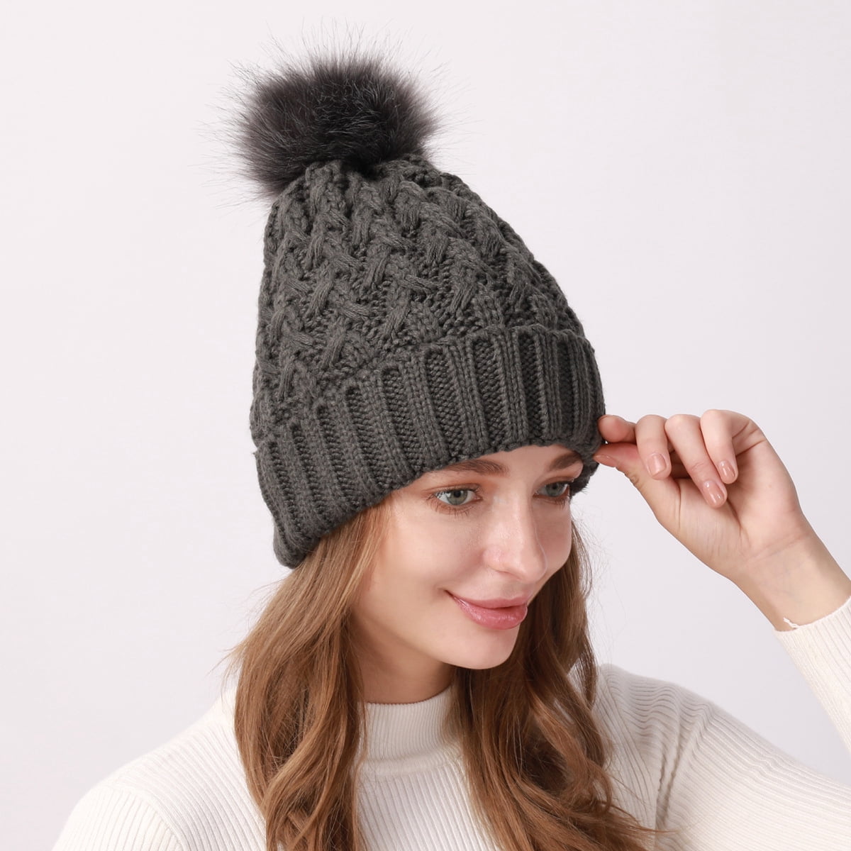 Women’s Mixed Black Winter Ribbed Beanie Hat Chunky Cable Knit Pompom Warm Black Pop Pom Pom Beanie Hat - Huggalugs main image 3