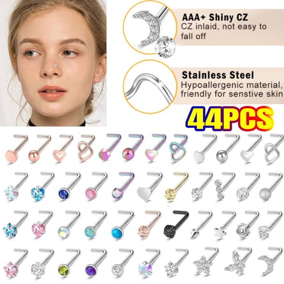 44 PCS Surgical Steel Curved Nose Stud Ring L Shaped with 0.12-0.24 in Ball Moon Star Heart Butterfly Piercing Jewelry 20G 18G