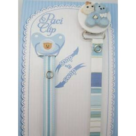 Blue Teddy Bear Pacifier Clip With Two Interchangeable Ribbons