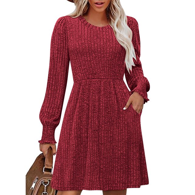 mfyjkho Vestidos de fiesta para mujer, Vestido informal de color para mujer, de manga larga, cuello redondo, cinturilla y bolsillos. Vestidos largos para mujer xl