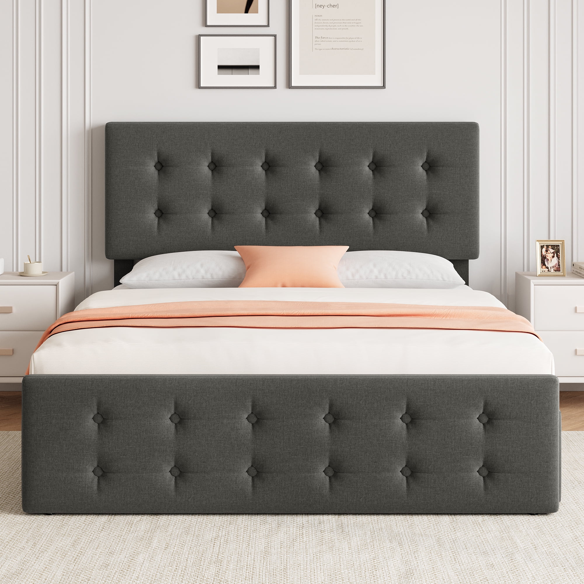 Huisuilinss Linen Upholstered Platform Bed Frame Queen Size Bed Frame With Button Tufted Design Headboard Full Size Bed Frame With 4 Storage Drawers Wooden Slats Support No Box Spring Needed