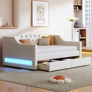 Noble House Twin XL Linen Upholstered Daybed, Tufted Frame with 7-Color LED Belt and 2 Storage Drawers, Beige