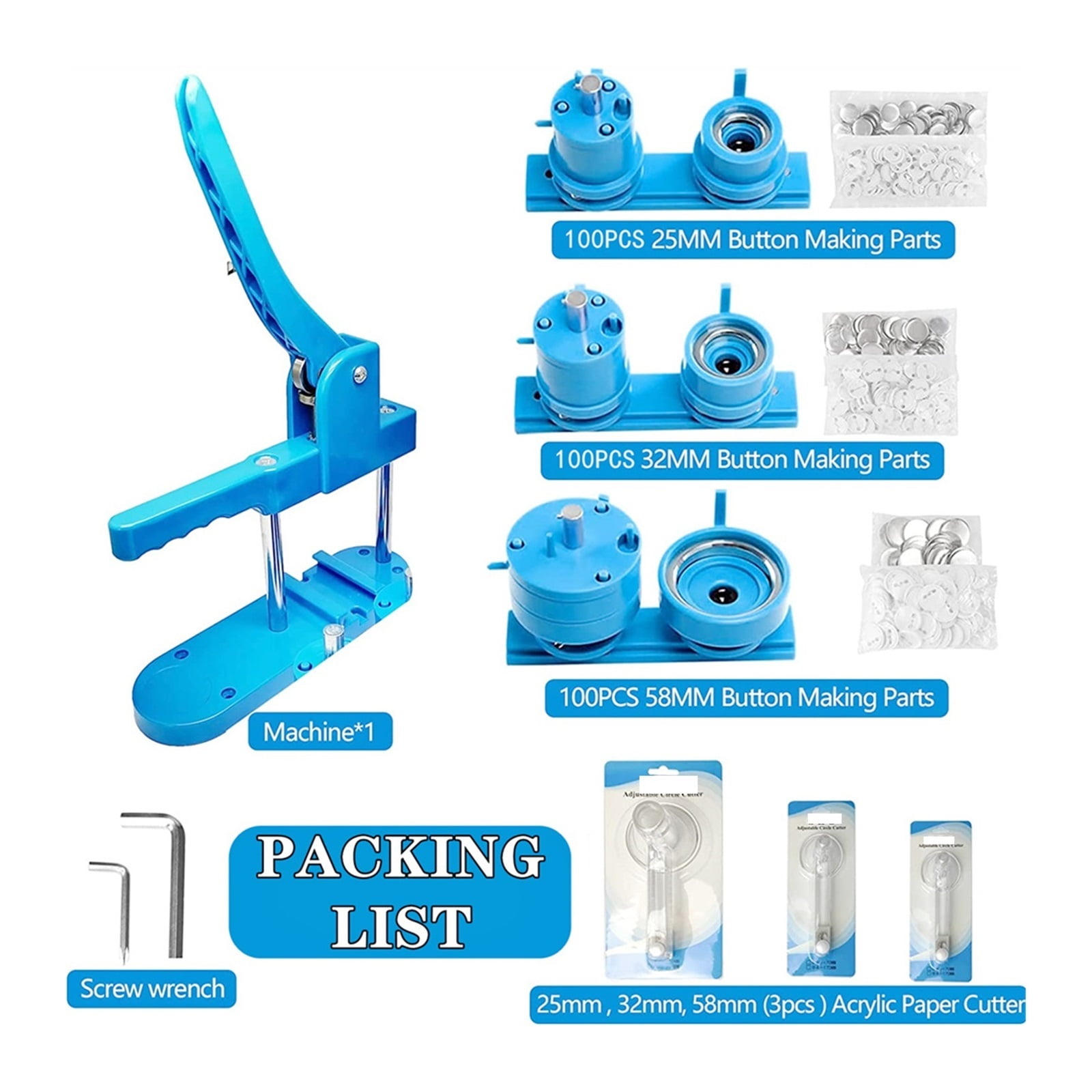 Badge Button Maker Machine 25+32+58MM Badges Set -300Pcs Button Parts+3 +3 Circle Cutter, DIY Pin Badge Press Making Machine