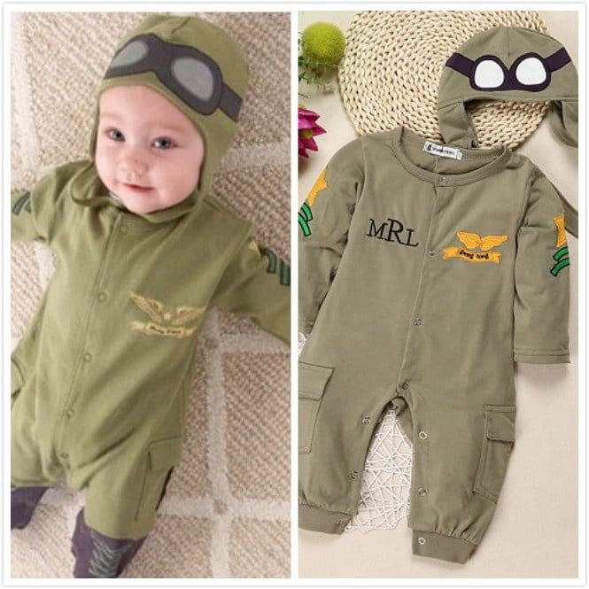 Goowrom Newborn Baby Boys Kids Fashion Cute Fly Polit Army Green Long Sleeve Rompers Fashion Cap Hat Outfits Clothes Green