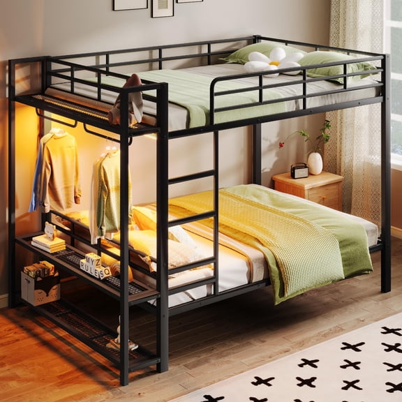 Queen over Queen Metal Bunk Bed with Storage Mesh Shelves and Hooks, LED Lights and Guardrails for Adults and Teens,Black