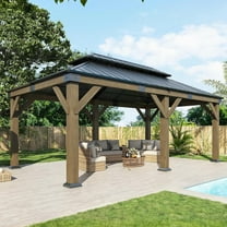 LUXOAK 12x20 FT Hardtop Gazebo, Wooden Pavilion with Iron Double Roof, Outdoor Pergola