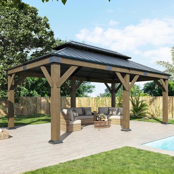 LUXOAK 12x20 FT Hardtop Gazebo, Wooden Pavilion with Iron Double Roof, Outdoor Pergola