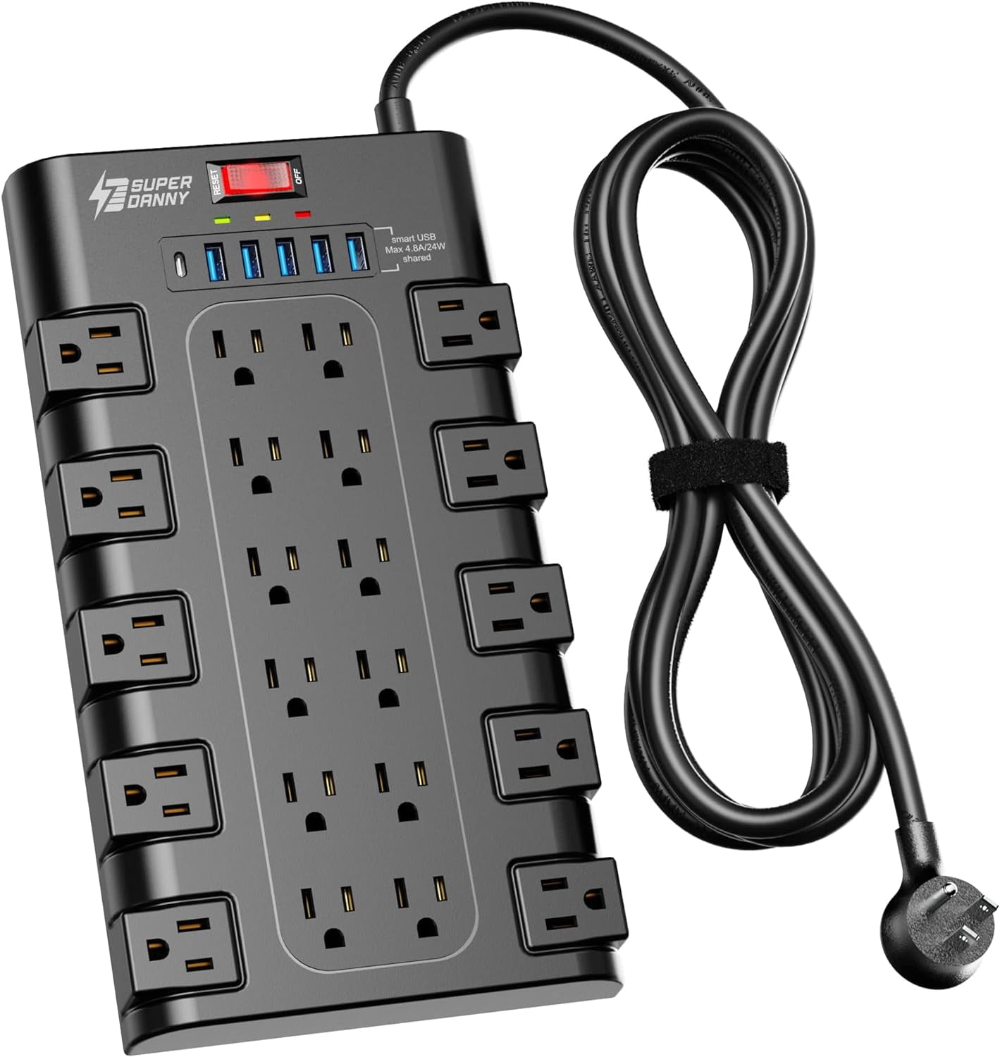 Power Strip, Surge Protector with 22 AC Outlets and 6 USB Charging Ports, 1875W/15A, 2100 Joules, 6.5Ft Flat Plug Heavy Duty Extension Cord for Home, Office, Dorm, Gaming Room, Black