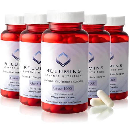 Relumins L Glutathione Supplement Complex - Reduced Glutathione 1000mg with Alpha Lipoic Acid & Rose HIPS Capsules for Nourished & Smoother Skin, 60 Caps x 5 Bottles