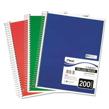 2PK Mead Spiral Notebook, 5 Subjects, Medium/College Rule, Assorted Color Covers, 11 x 8, 200 Sheets (06780)