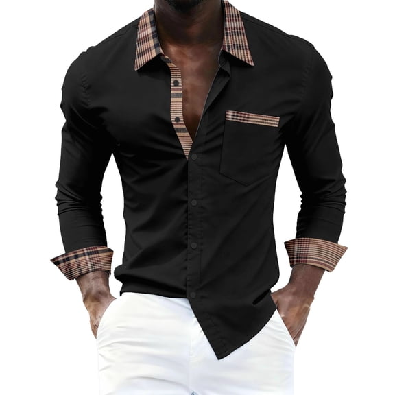 VSSSJ Mens Casual Long Sleeve Dress Shirt Plaid Splice Collar Button Down Shirts Slim Fit Pocket Fashion Business Work Office Shirt Black XL