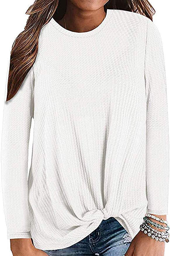 YYear Womens Waffler Knit Printed Summer Short Sleeve V-Neck Side Twist Knot Top T-Shirt Blouse 