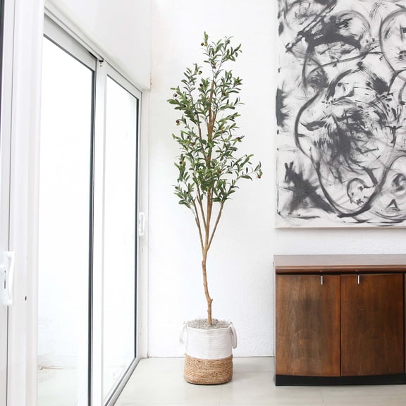 Nearly Natural Potted Artificial Olive Tree with Handmade Jute Planter - 7' - Green