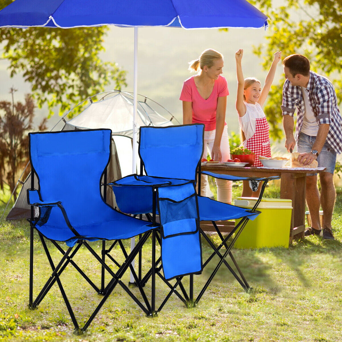 Beach Chair Set Outdoors Picnic Double Folding w/ Umbrella Table Cooler Fold Up 