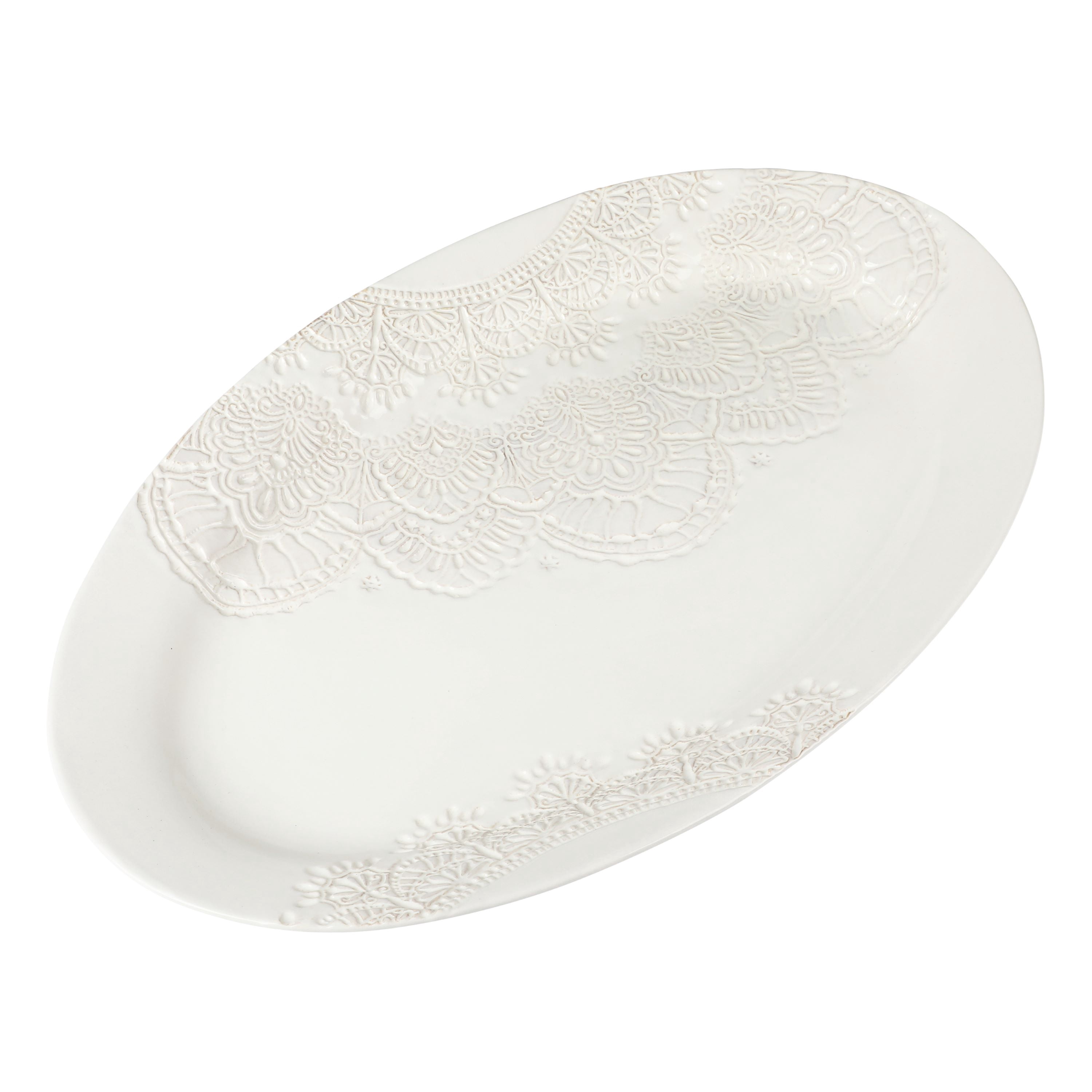 The Pioneer Woman Vintage Lace 20-inch Stoneware Oval Serving Tray Platter, White