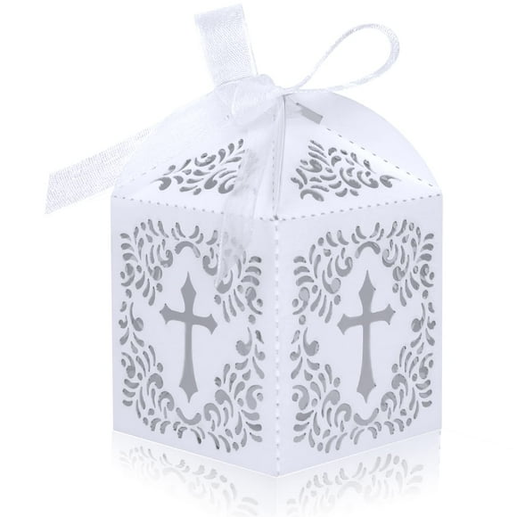 70 Pack Baptism Favor Boxes,Laser Cut Candy Boxes with Ribbons, Party Favor Small Gift Boxes for Baby Shower Baptism Decorations First Birthday Party Christening Favor (White-70)