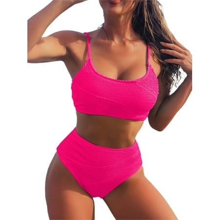 Women s Summer 2PCS Bikini Sets Solid Color Mini Skinny Sling Vest + High Waist Thong