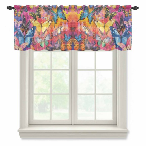 Colorful Butterflies Sheer Curtains Valances for Windows Summer Watercolor Printed Chiffon Kitchen Valances for Cafe, Rod Pocket Voile Window Treatments Curtains for Living Room Bedroom, 42"x12"