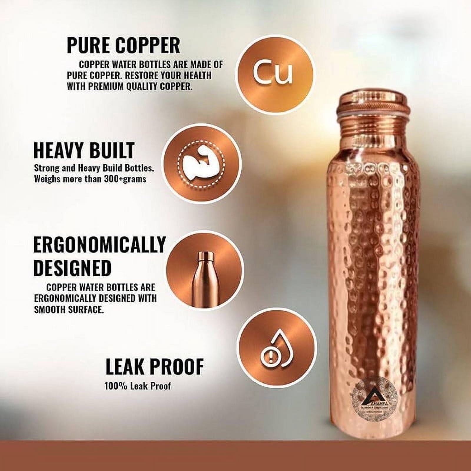 Set of 2 Hammered Pure Copper Water Bottle 950 ML With Dupion Carry Bag Ayurveda Health Benefits