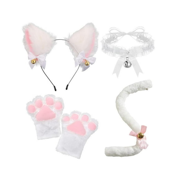 Cat Ear and Tail Paw Animals Ears and Long Tail for Masquerade Birthday Prom White With Tie