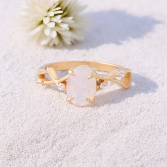 Natural Moonstone Ring Yellow Gold Plated Engagement Ring Diamond Crossover Jewelry June Birthstone Daily Wear Ring Gift for Love