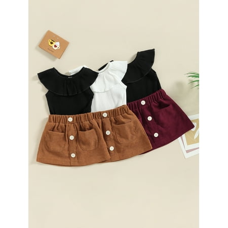 

MissiMae 2pcs Toddler Girl Trendy Ruffled Ribbed Long-sleeve Tee and Plaid Button Design Skirt Set