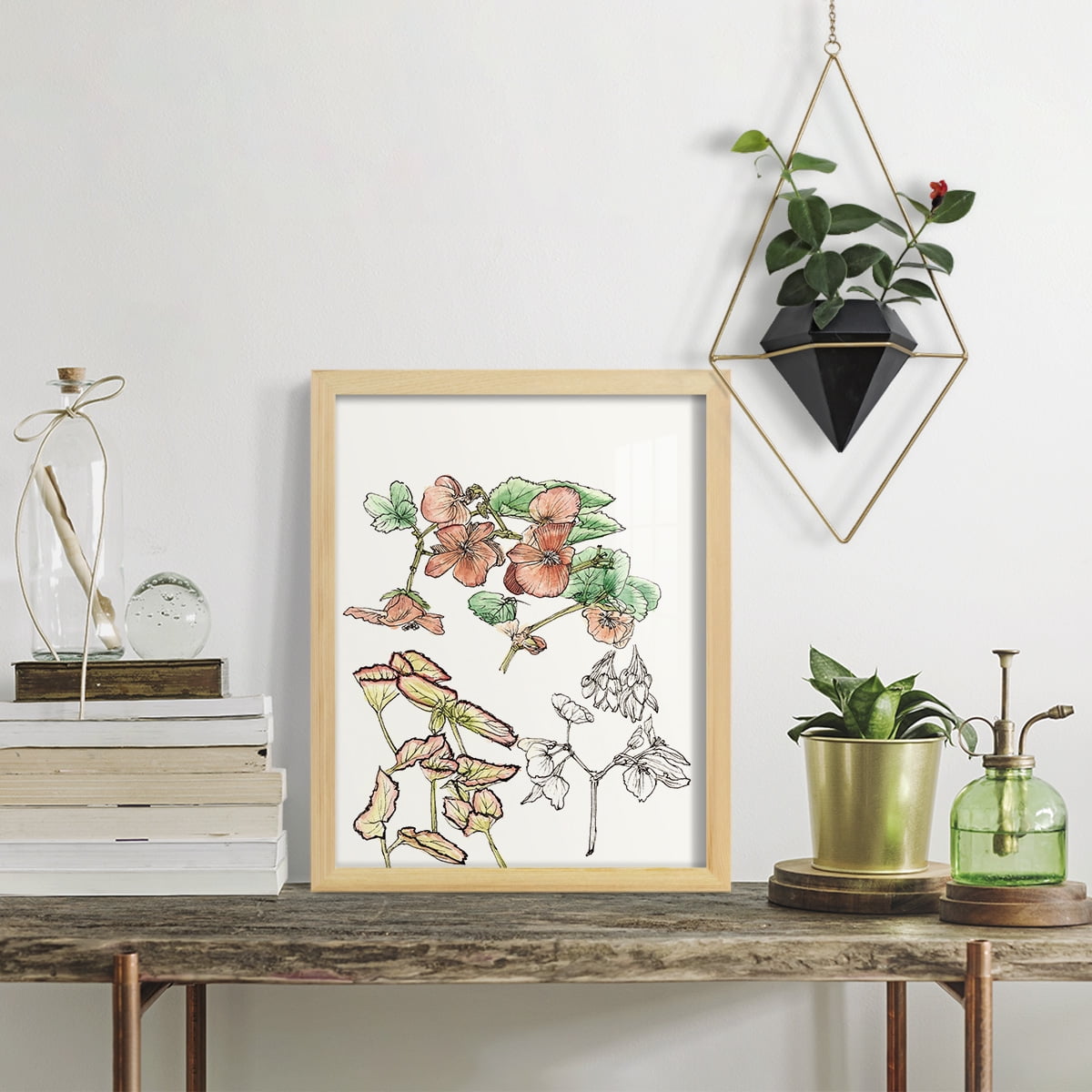 Begonia Study -Framed Print w/glass-Natural Wood