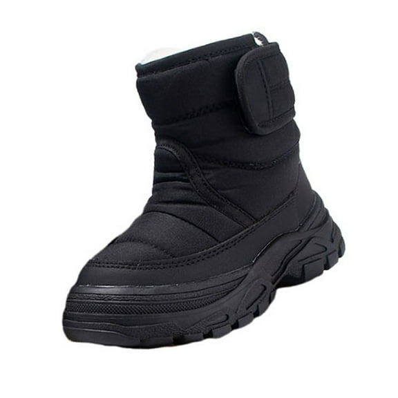 Black Cozy Winter Boots For Kids Ages 7-14, Fleece Lining With Snowflake Pattern, High Top, Comfortable Soft Sole