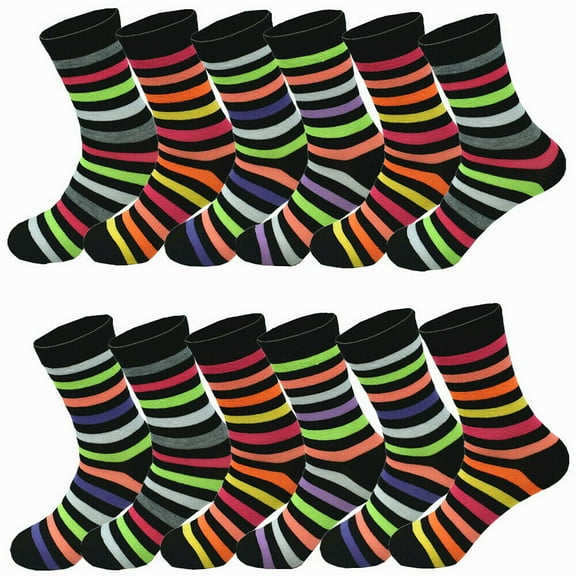 6-12 Pairs Women's Cotton Crew Socks Classic Black Color Stripe Casual Size 9-11 (6 Pack)