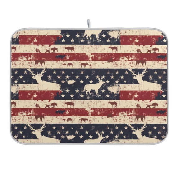 American Flag and Animals Dish Drying Mat 16x18 Absorbent Microfiber Draining Rack Pad for Kitchen Counter Sink