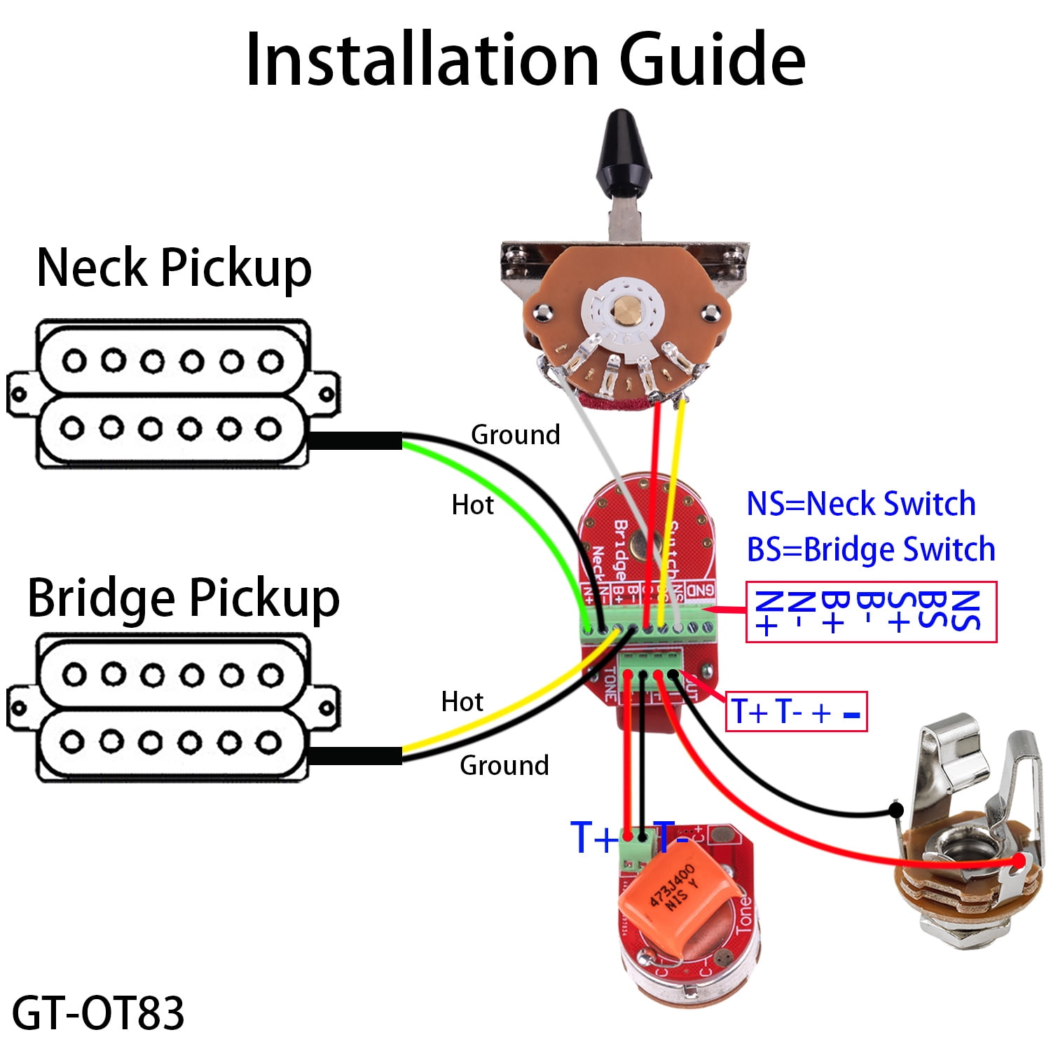 LOOKSEVEN Solderless Pre-Wired Control Plate Kit with 3-Way Switch, Brass Shaft Pot (1 Volume 1 Tone) Wiring Harness Easy Plug & Play Upgrade with Treble-Bleed Circuit for Telecaster Guitars