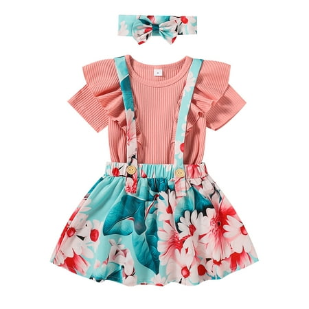 

WPNAKS Kids Girl Suspender Skirt Suit Short Sleeve Solid Color Ruffled Tops Floral Print Skirt Headband