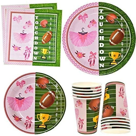 Tutus or Touchdowns Gender Reveal Party Supplies Tableware Set 24 9" Plates 24 7" Plate 24 9 Oz Cups 50 Lunch Napkins for Girl Pink Ballerina Dancer or Boy Football Field Day Baby Shower Dinnerware