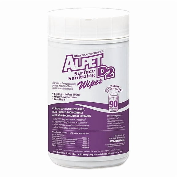 Alpet D2 Sanitizing Wipes, Canister, 10 in x 7 1/2 in, Unscented, 90 Wipes, PK6