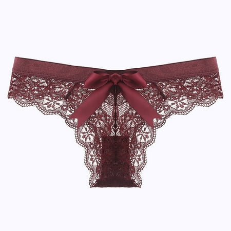 

CaComMARK PI Women Brief Panties Clearance Women s Fashion Sexy Lace Flower Transparent Gauze Bow Low Waist G-string Pants Panties Thong Flash Picks Wine