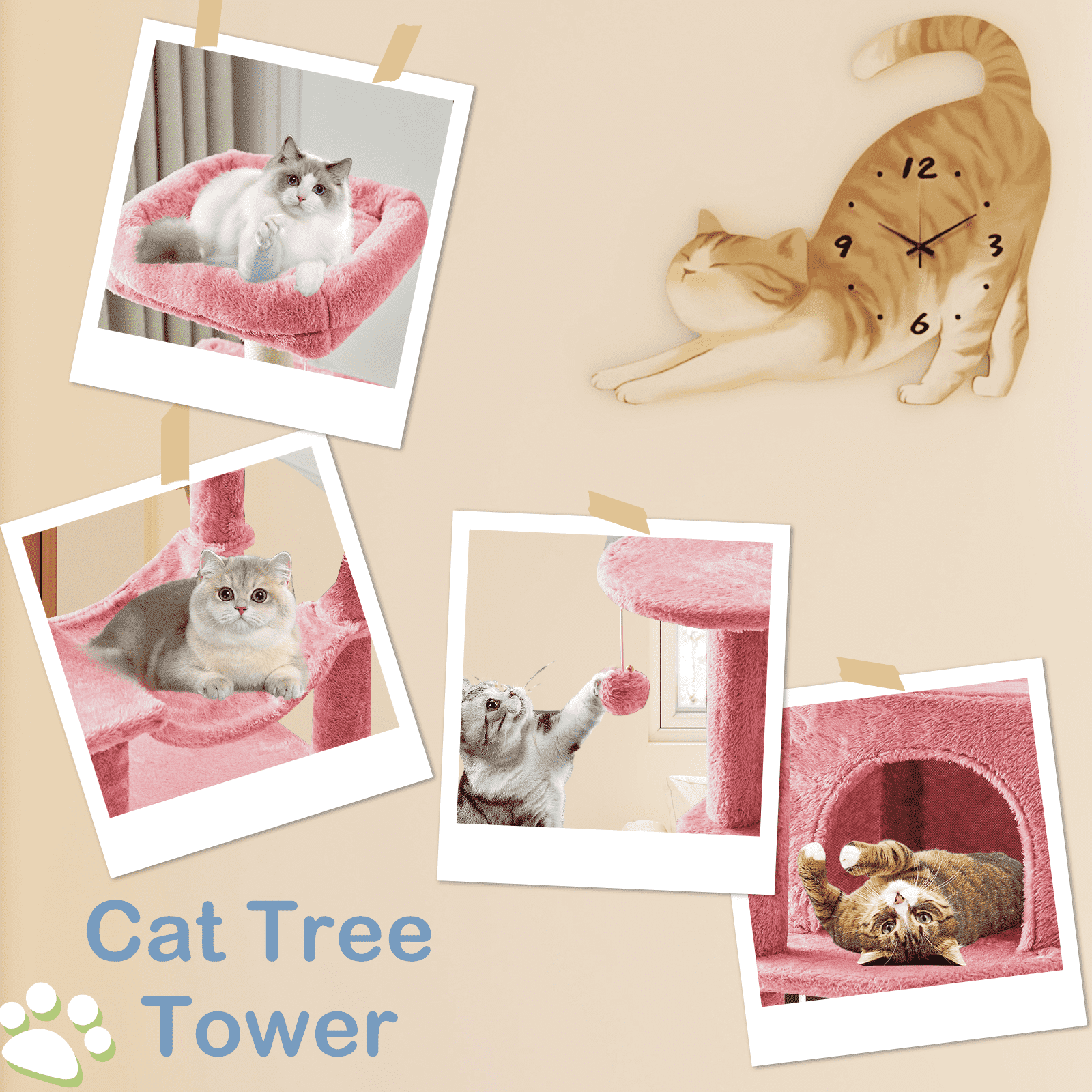 MAYEERTY 44-inch Cat Tree Tower Multi-Cat Climbing Natural Sisal Scratching Posts Extended Platform Hammock