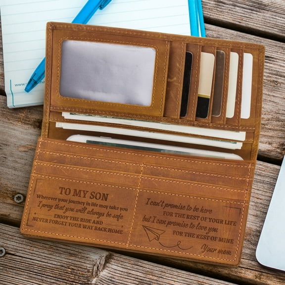 Holloyiver Personalized Leather Wallet For Son, Engraved RFID Blocking Bifold Stylish Black Wallet For Son From Mom Valentine's Day Birthday Christmas Gifts