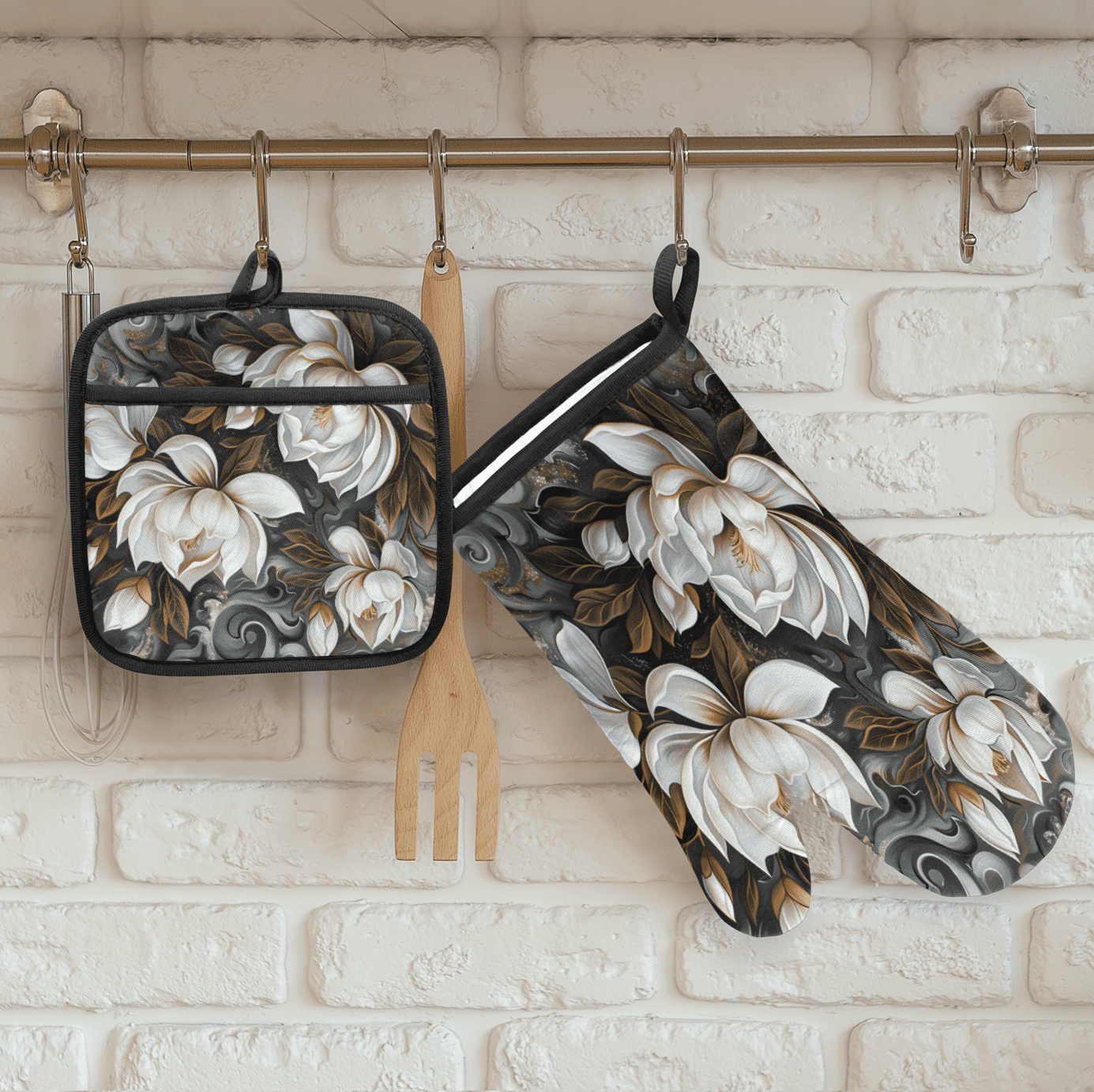 CURLYOOT Magnolia Flowers Print Oven Mitts and Pot Holders Sets of 2, Non-Slip Washable Hot Pads and Oven Gloves for Kitchen Cooking Baking