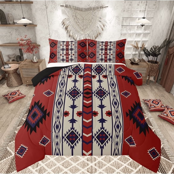 Western Boho Bedding Sets King Vintage Red Brown Aztec Quilt Set American Southwestern Comforter Set Adults Men,Southwest Tribal Geometric Diamond Bed Duvet Set