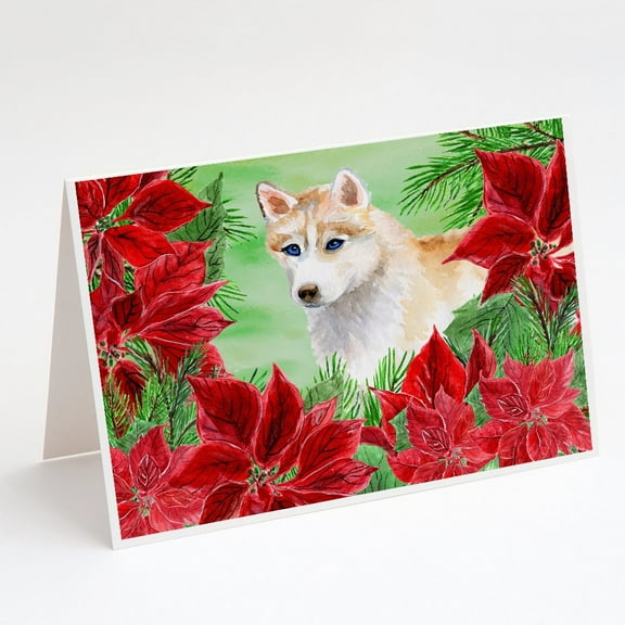 Siberian Husky Poinsettas Greeting Cards and Envelopes Pack of 8