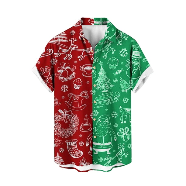 Mens Manga Corta Botón Abajo Camisas, Cuello de Vuelta Navidad Impresa Blusa, Top de Moda Casual